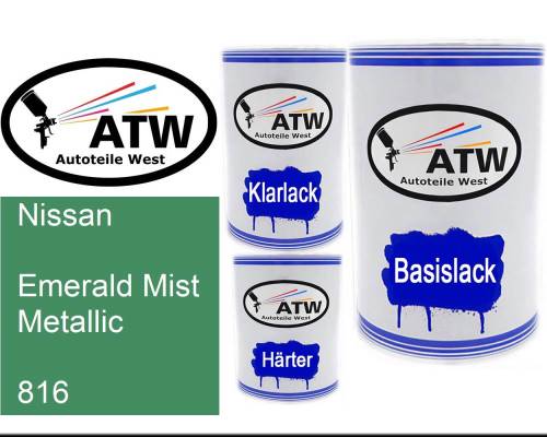 Nissan, Emerald Mist Metallic, 816: 500ml Lackdose + 500ml Klarlack + 250ml Härter - Set, von ATW Autoteile West.